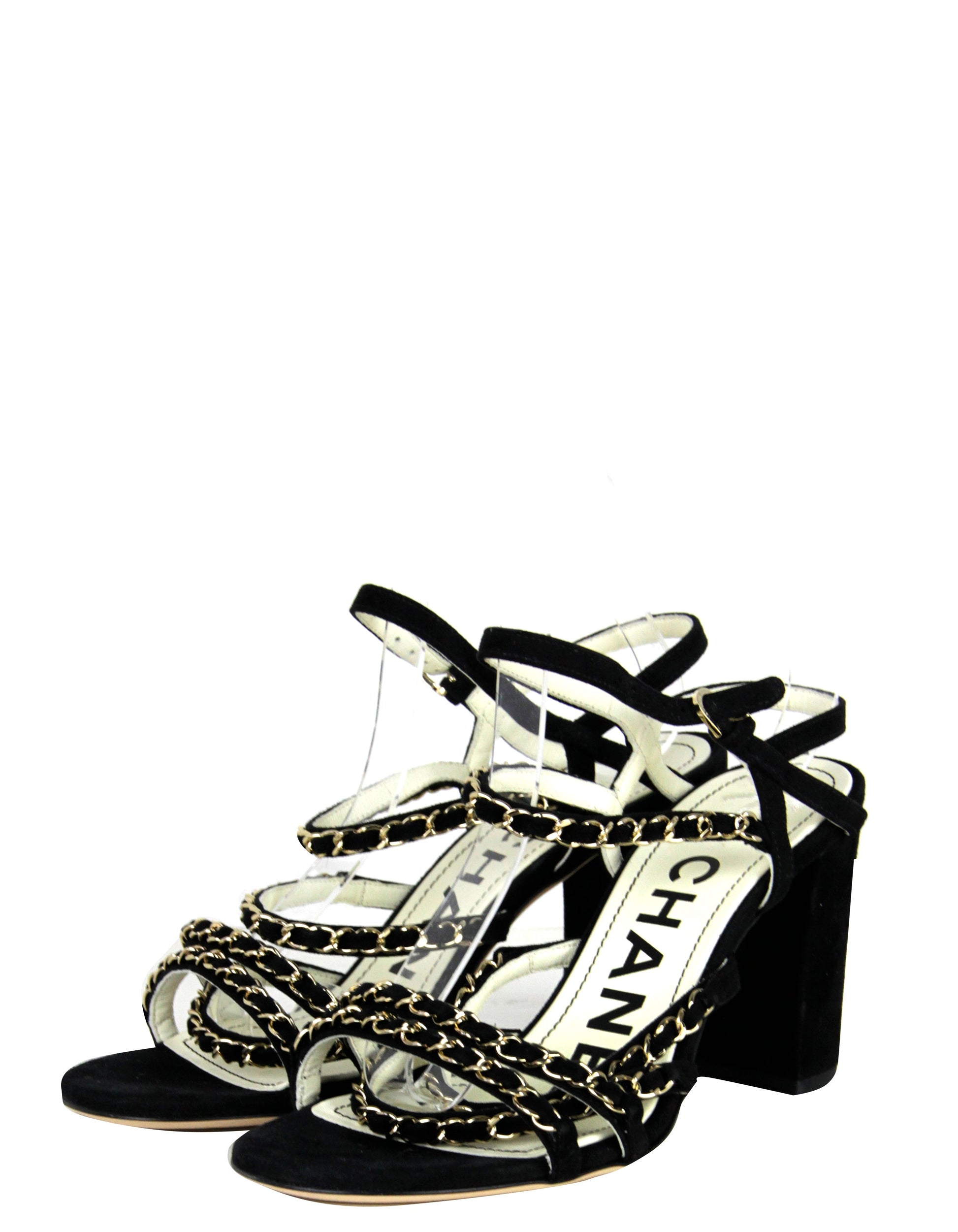 Chanel Black Kid Suede Chain Sandals Sz 38.5 for Women