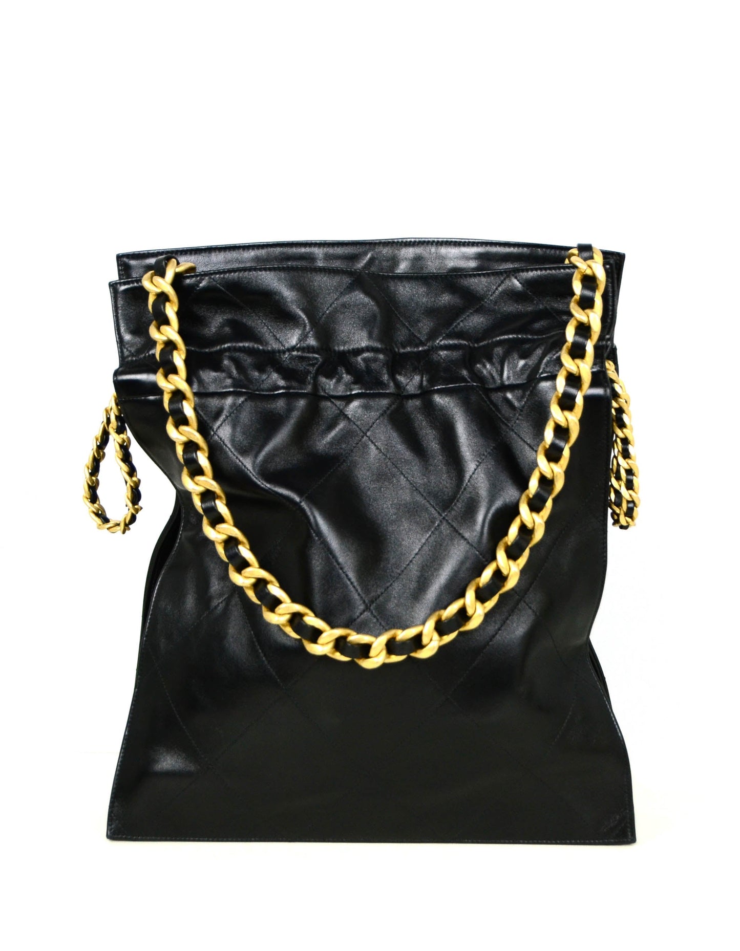 Chanel Black Shiny Lambskin Leather Chain Drawstring Tote Bag