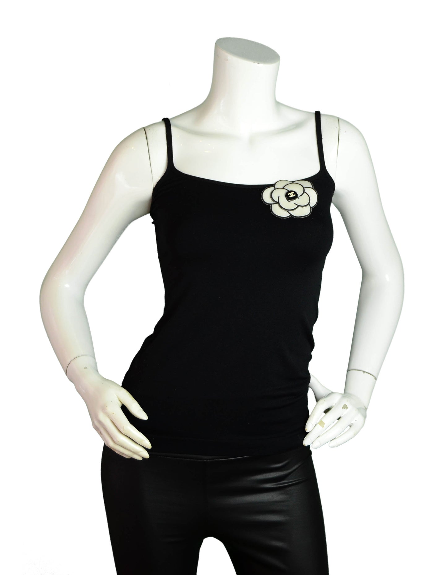 Chanel White/Black Patent Leather CC Camellia Brooch