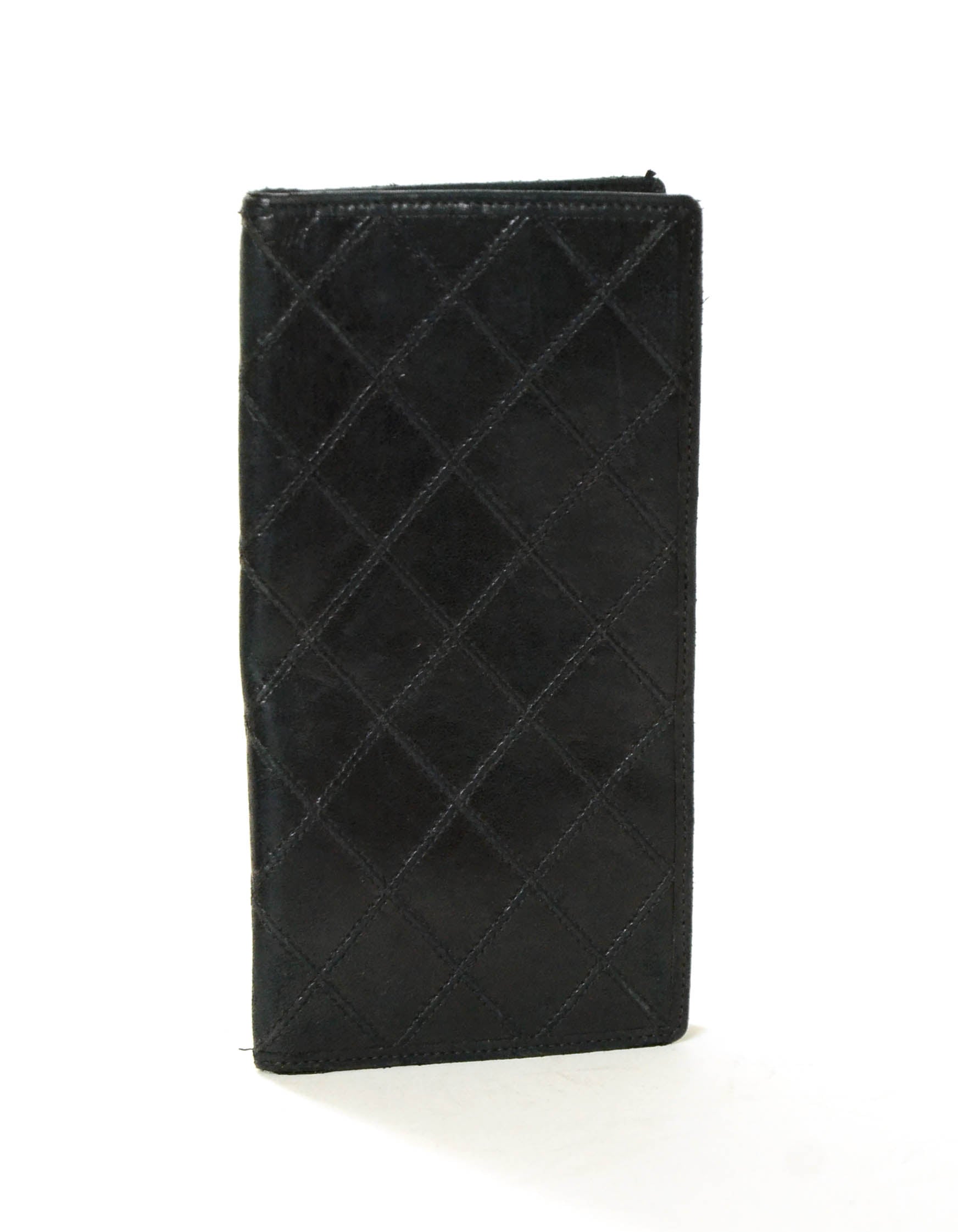 Chanel Black Leather Quilted Checkbook Wallet