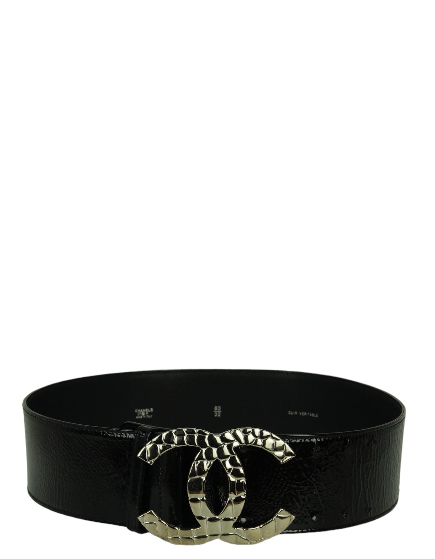 Chanel Black Patent Leather Quilted Cc Logo Wide Belt Sz 80/32" Bag