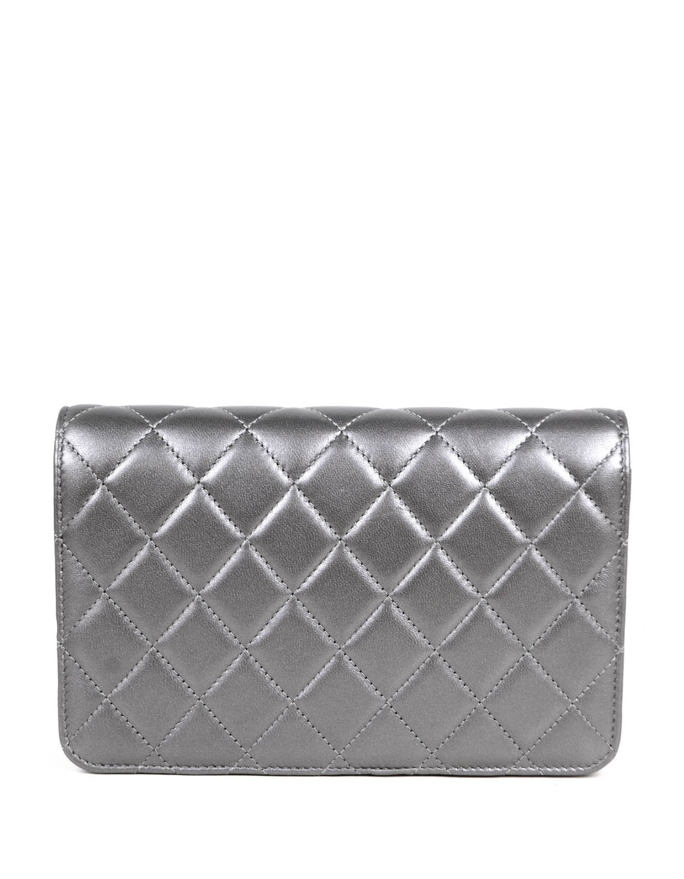 Chanel Silver Lambskin Pearl Wallet On Chain WOC Crossbody Bag