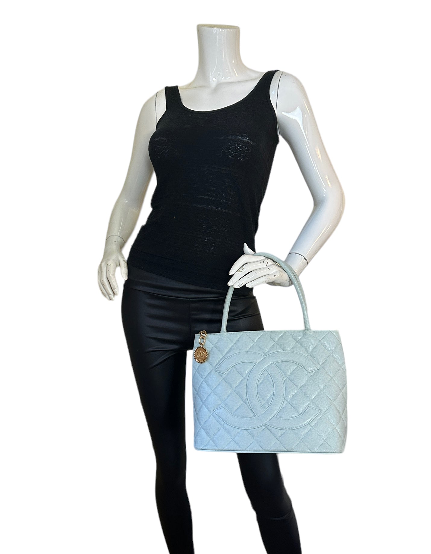 Chanel Light Blue Caviar Leather CC Medallion Women Shoes