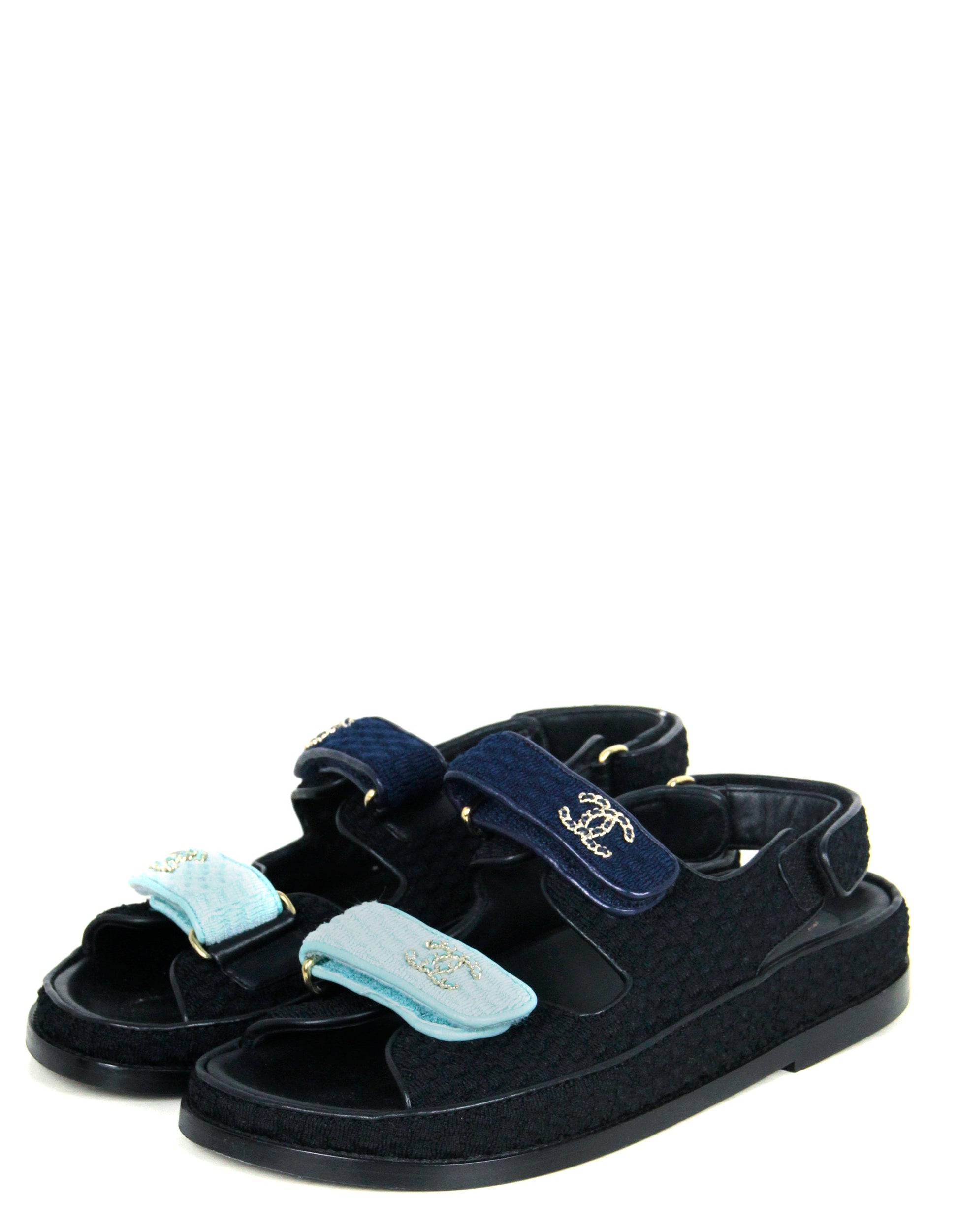 Chanel Light/Dark Blue Knit Fabric Velcro Dad Sandals Sz 38