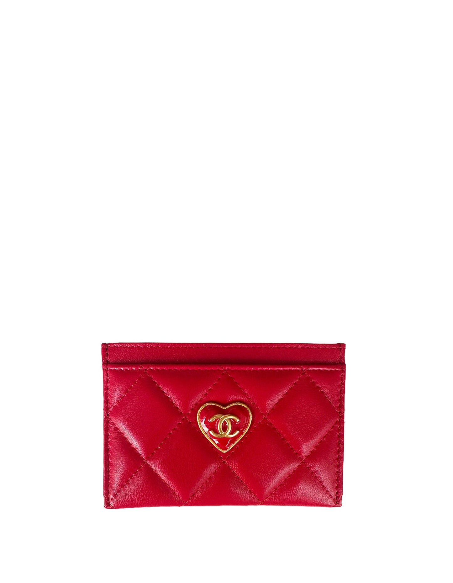 Chanel New 2023 Red Lambskin Quilted Resin CC Heart Card Holder Handbag