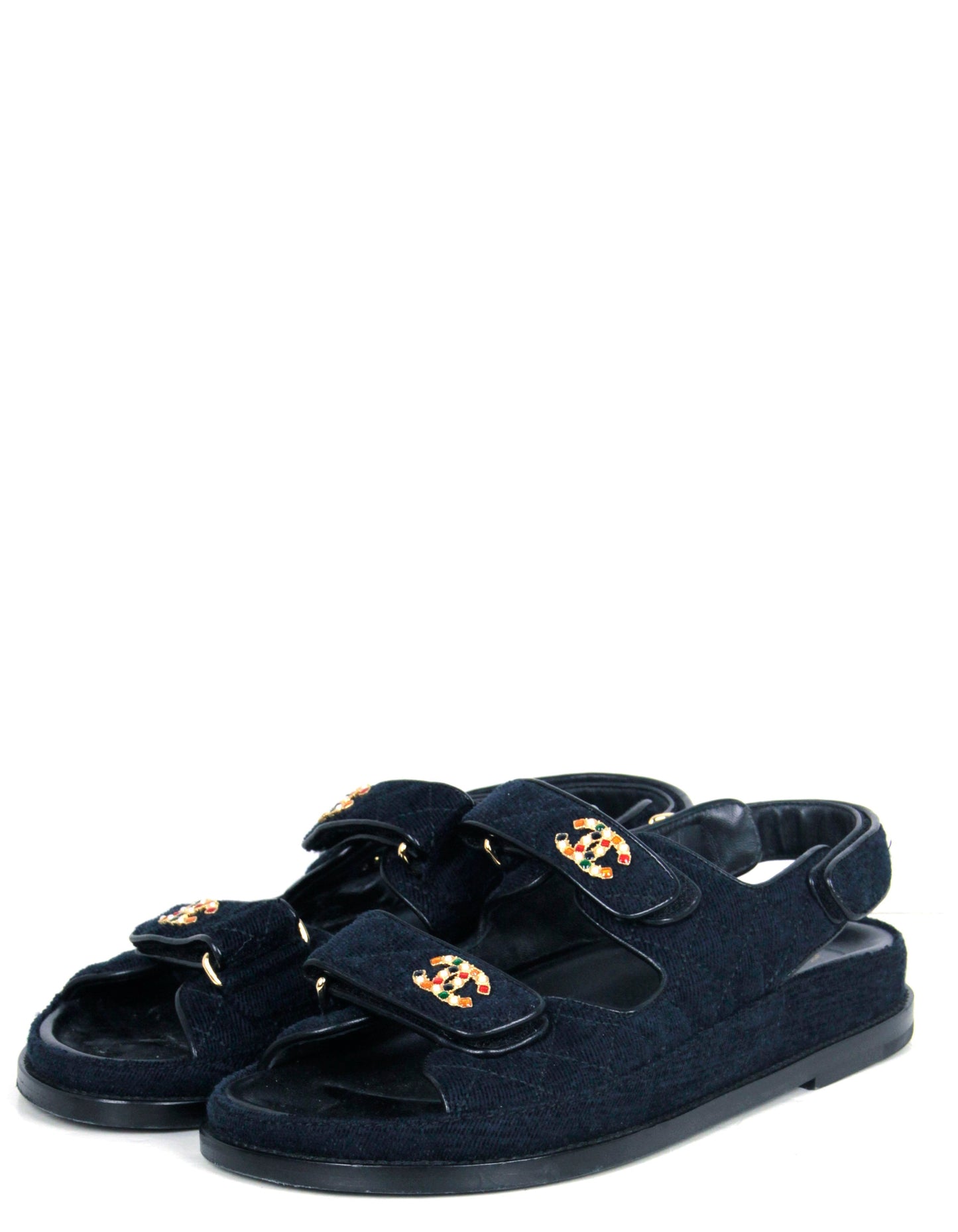 Chanel Navy Blue Velvet Velcro Dad Sandals Sz 38 for Women