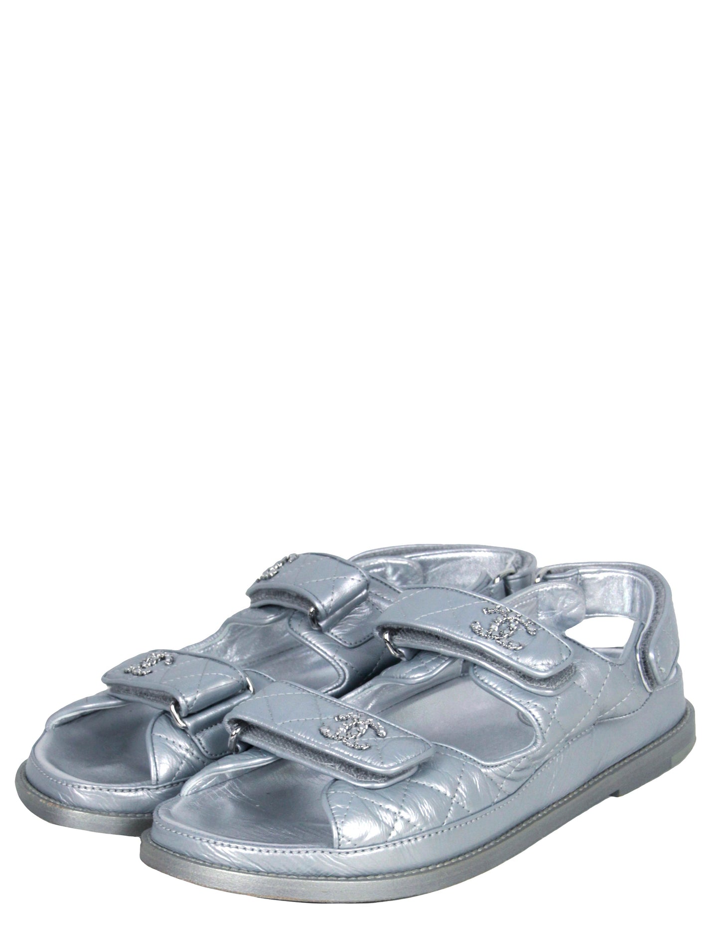Chanel Silver Quilted Leather Velcro Dad Sandals Sz 38