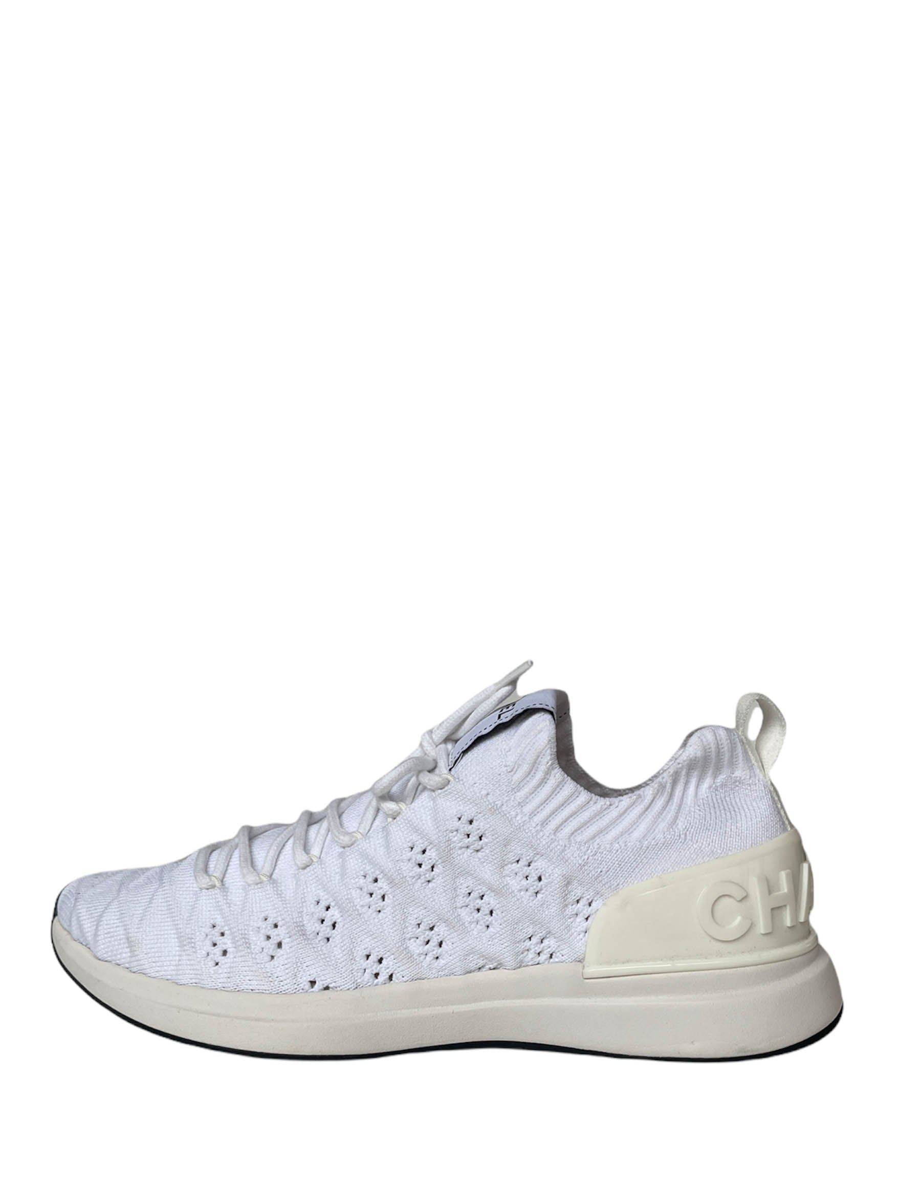Chanel White Quilted Knit Sock Low Top Athletic Sneakers Sz 38.5