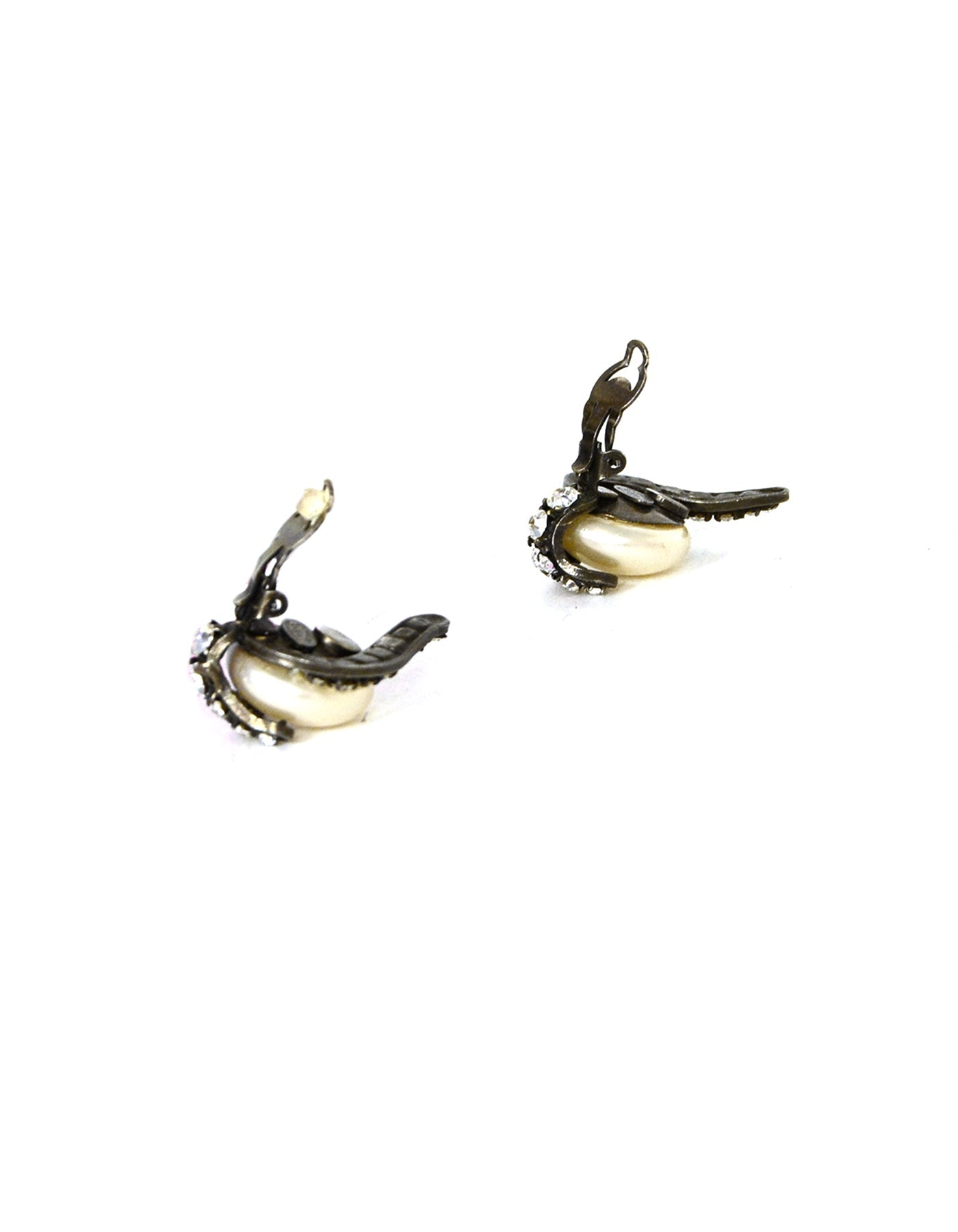 Chanel Grey Faux Pearl Earrings W/ Strass Crystals