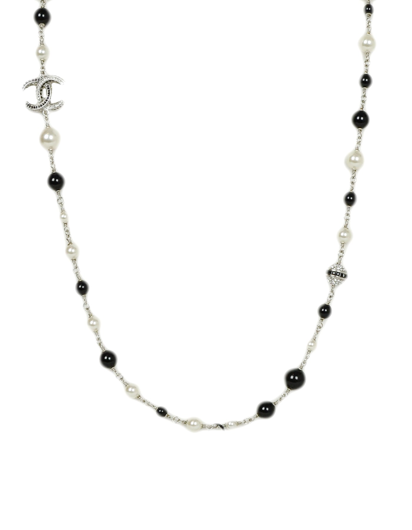Chanel Black Bead & Faux Pearl Necklace With Strass Crystal Cc & Beads
