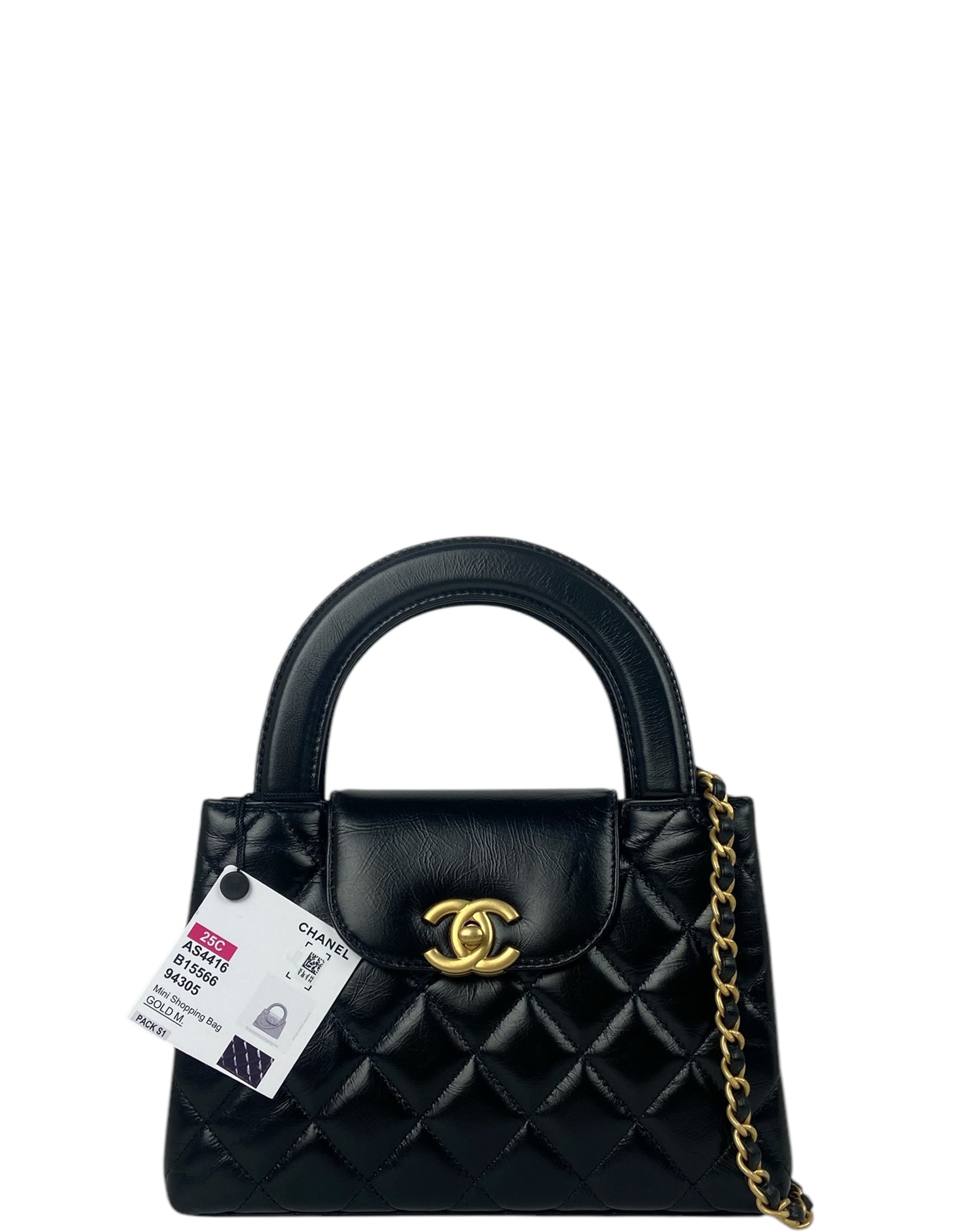 2CHANEL 2025C Black Calfskin Leather Quilted Nano Kelly Shopper Bag 100
