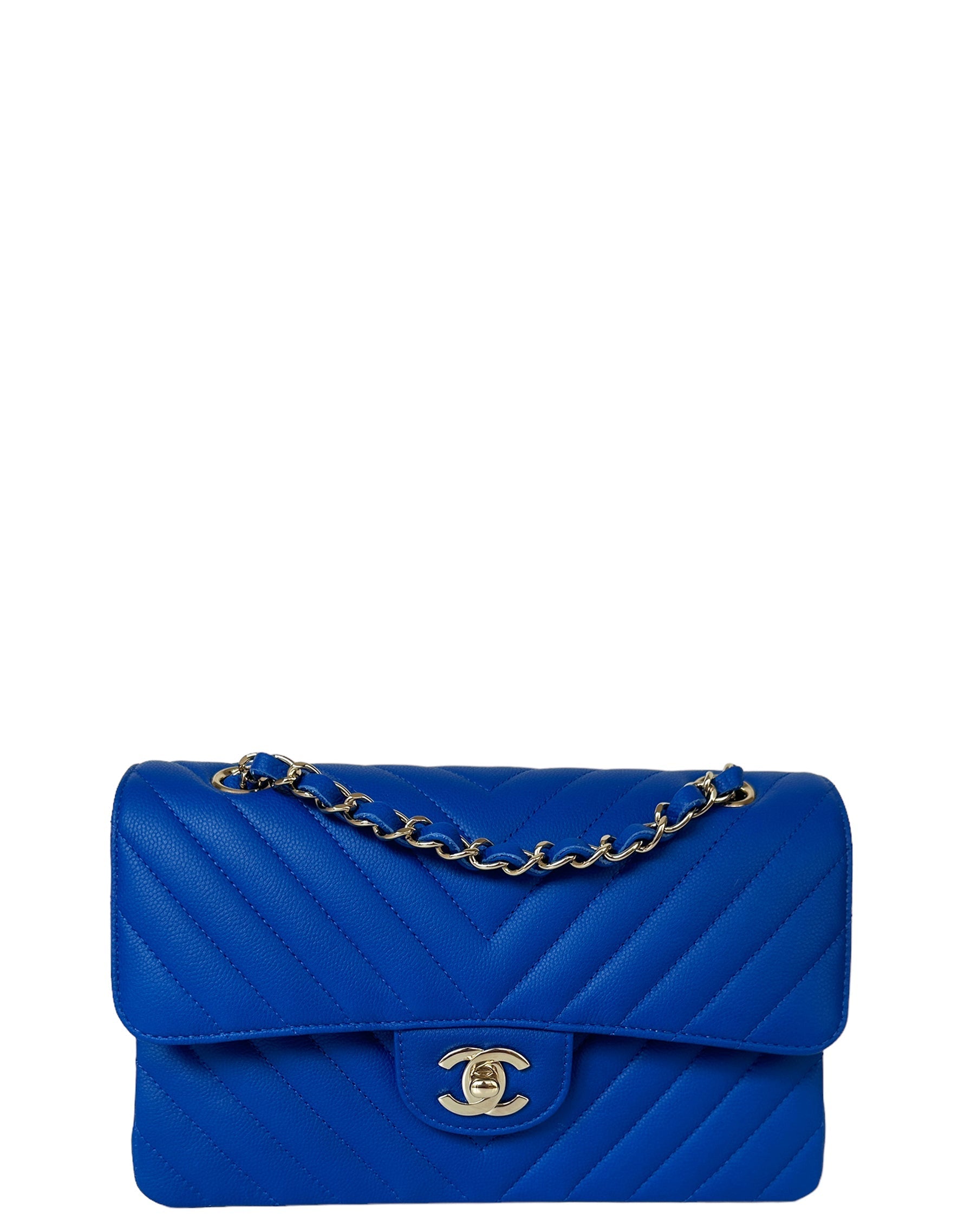 Chanel Blue Caviar Chevron Small Double Flap Bag