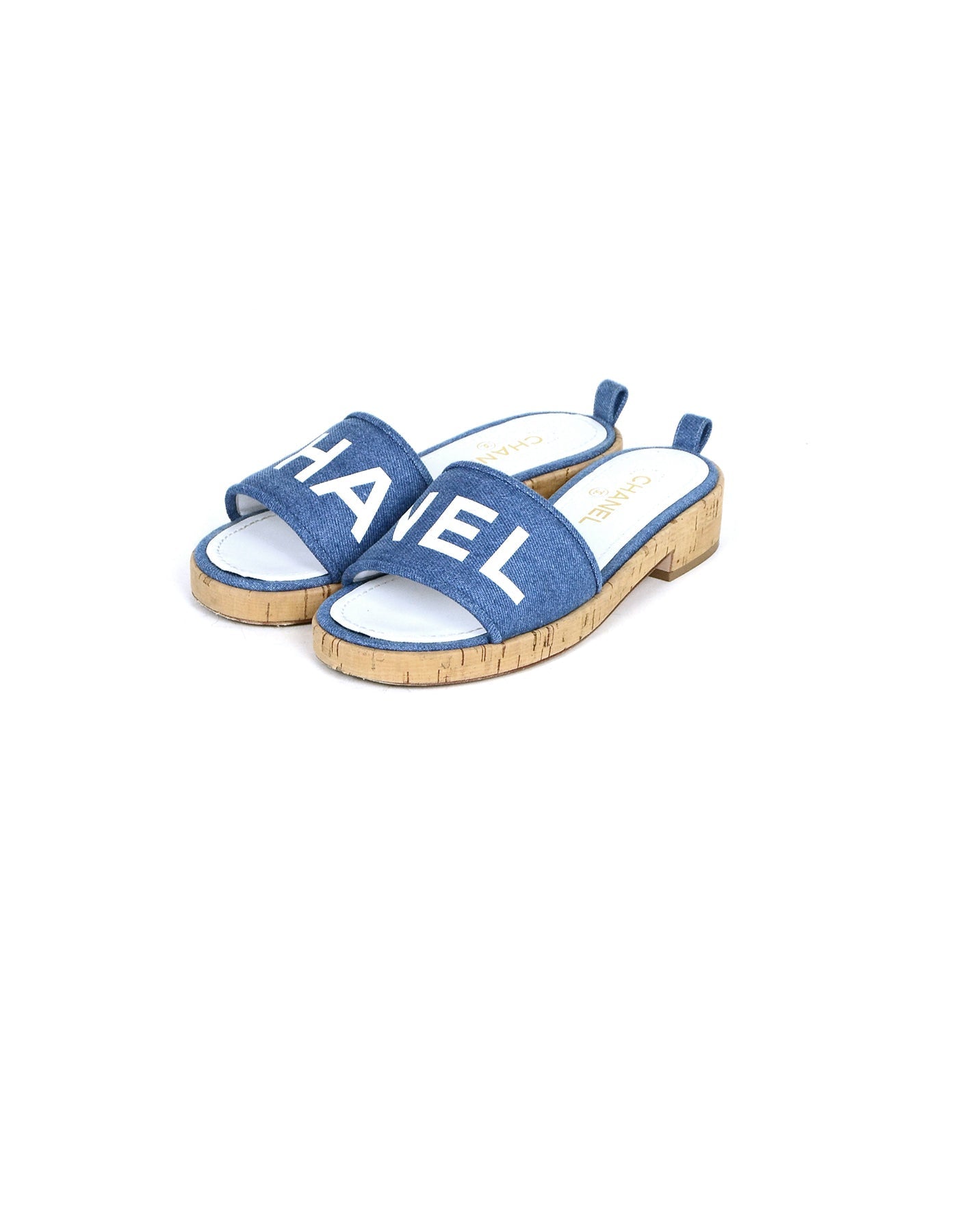 Chanel 2019 Blue Denim Logo Sandal Mules Sz 39 for Women