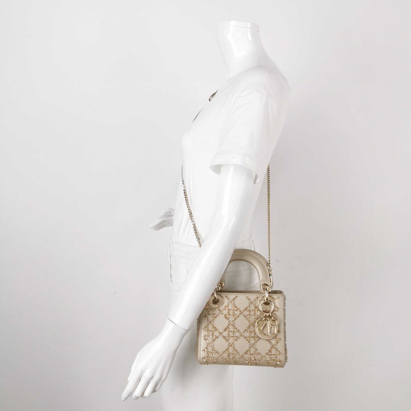 Dior Lady Calfskin With Crystals Hardware Handbag Leather Gold Travel Bag