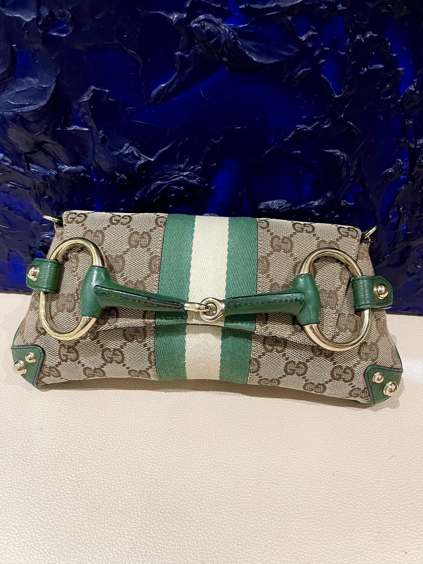 Gucci Horsebit Chain Studs Monogram Leather Green Gold Handbag Gold Studs
