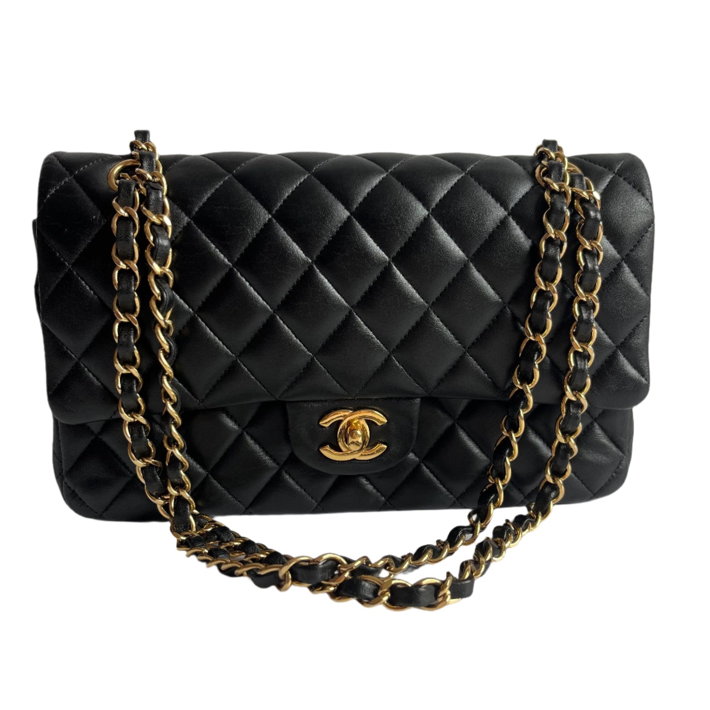 Chanel Timeless Classic Flap Lambskin Hardware Black Gold Leather Handbag 5