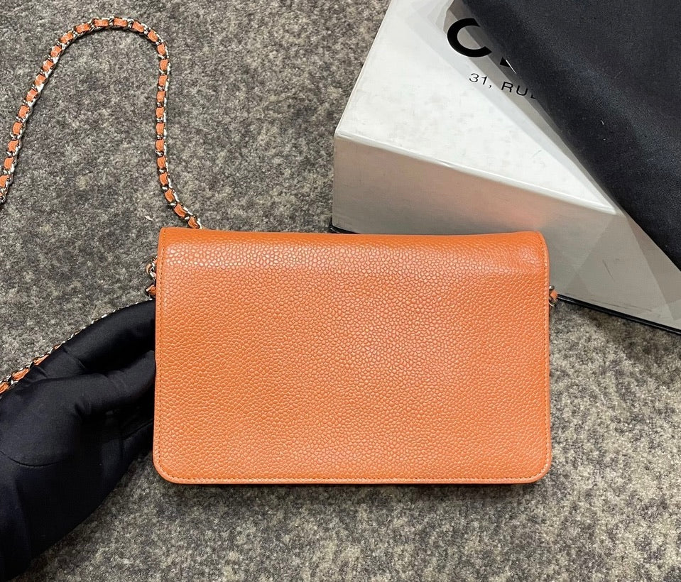 Chanel on WOC Double CC Caviar Orange Leather Wallet Case