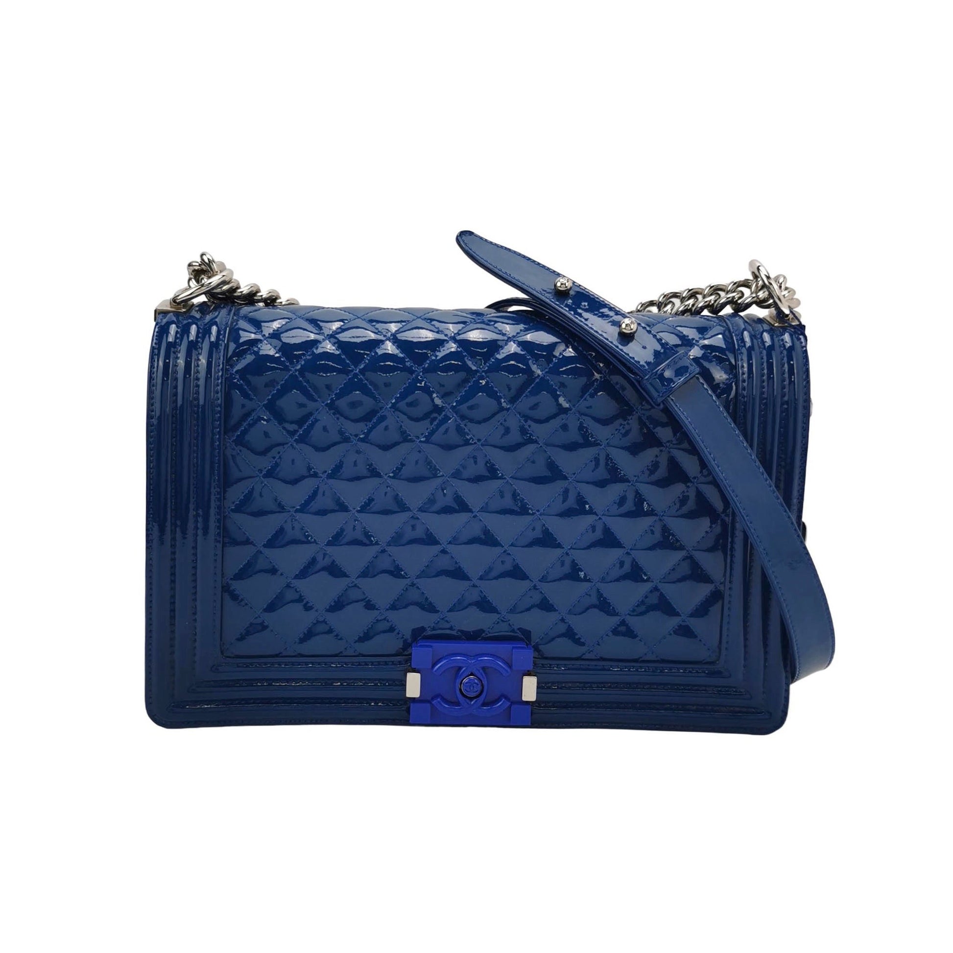 Chanel Le Boy Royal Patent Hardware Blue Silver Leather Handbag