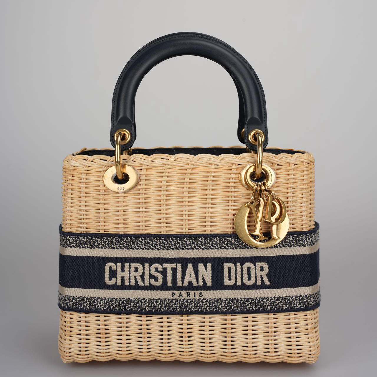 Dior Handbag Christian Natural Oblique Lady Bag Canvas Wicker Blue