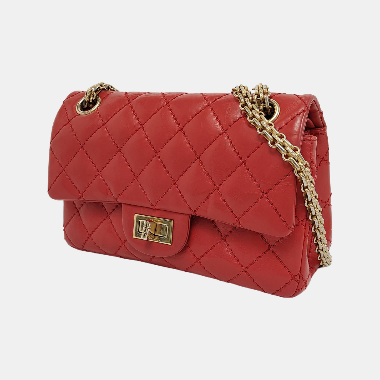 Chanel 2.55 Flap Lambskin -tone Hardware Red Gold Leather Shoulder Bag
