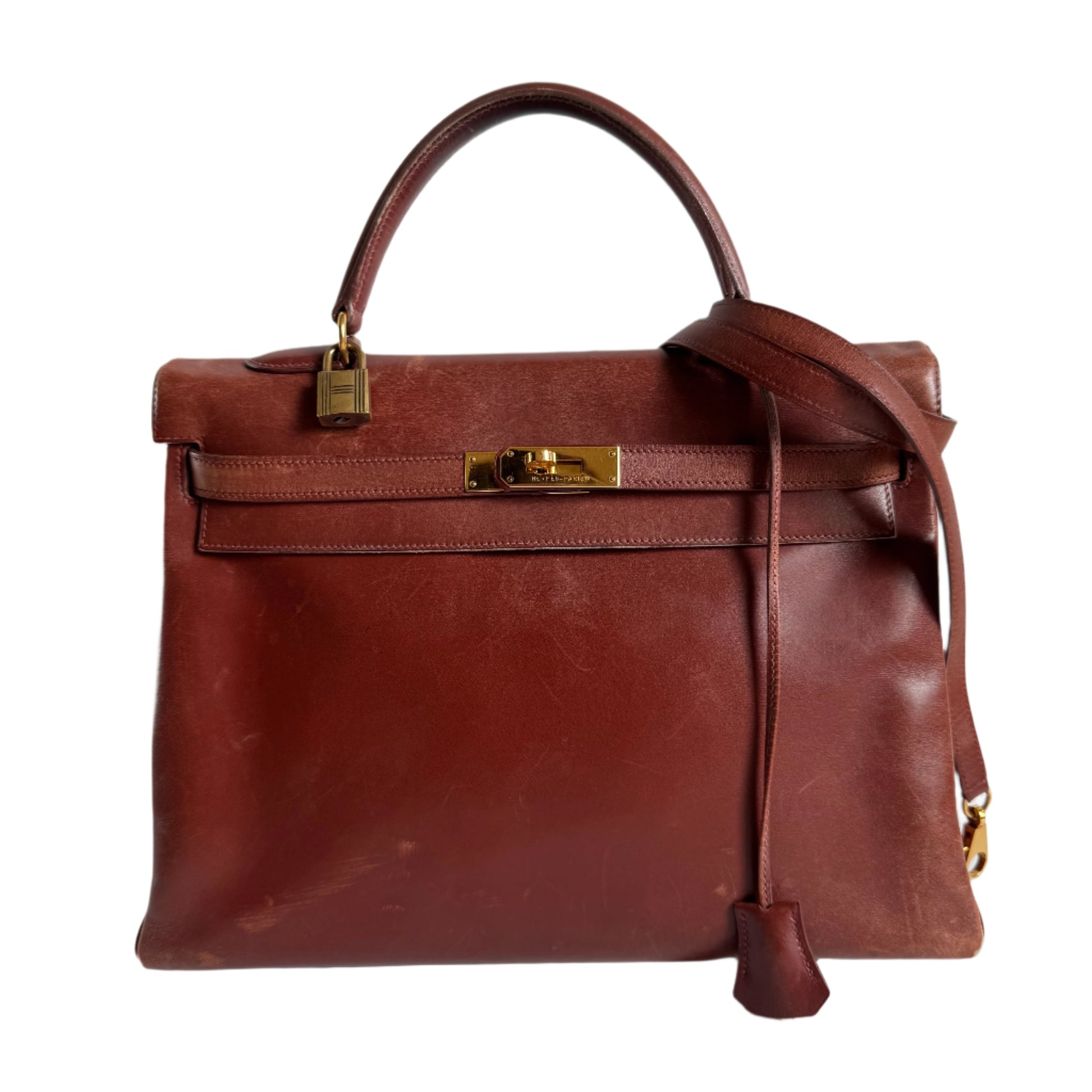Hermes Kelly Box Calfskin Hardware With Strap Lock Leather Brown Travel Bag