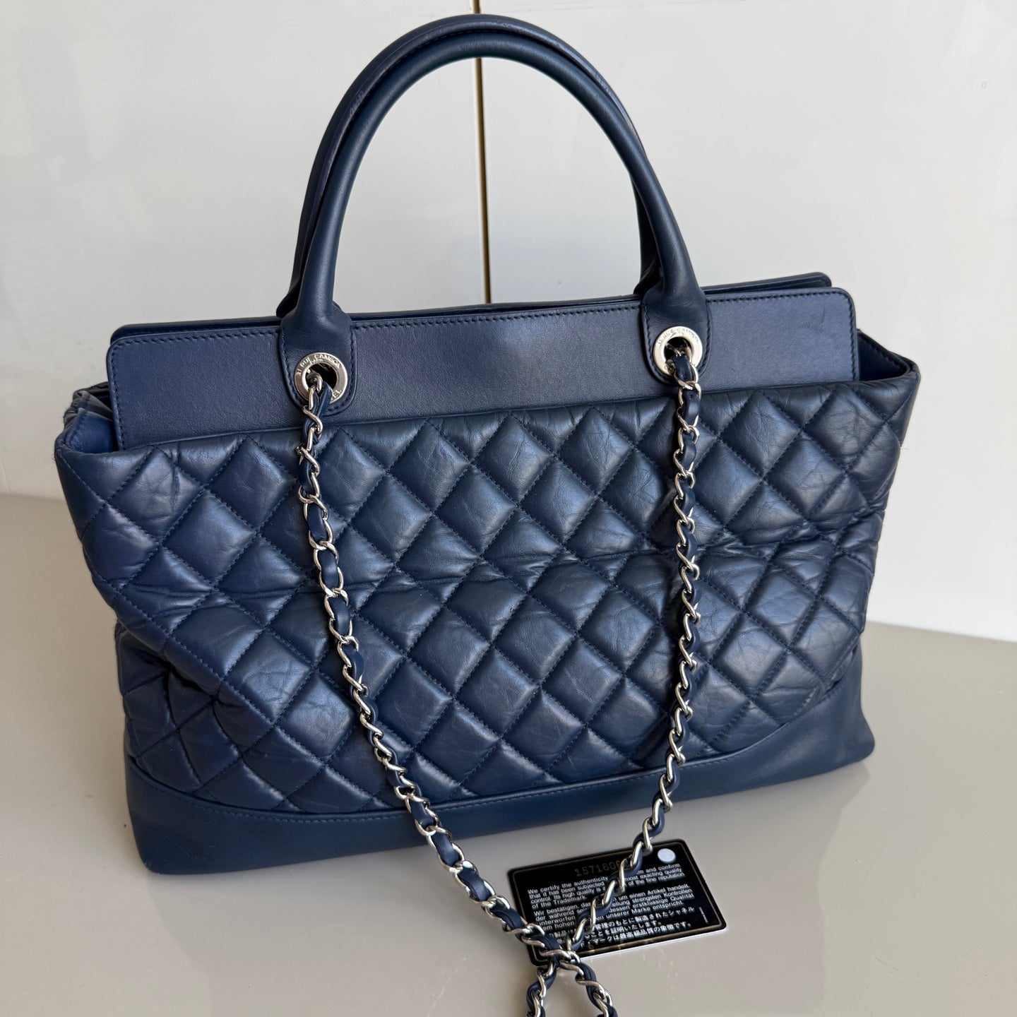Chanel Quilted Navy Top Handle Straps Silver Leather Tote Bag