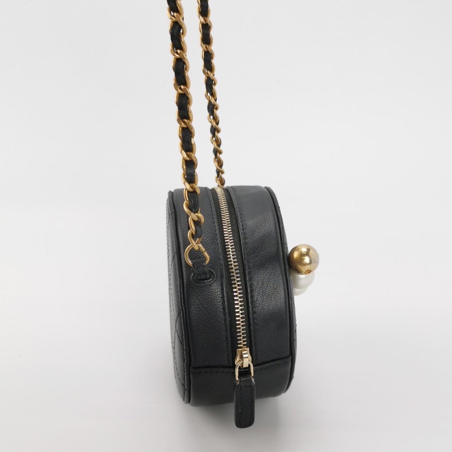Chanel Round Lambskin Matelasse Pearls Black Leather Crossbody Bag