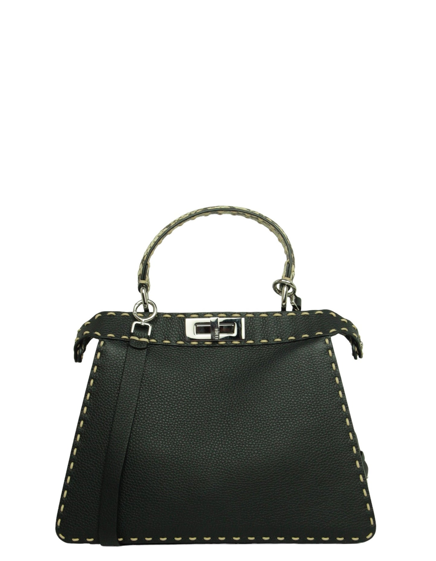 Fendi Handbag Selleria Peekaboo Satchel Bag w Snakeskin Handle Leather Black