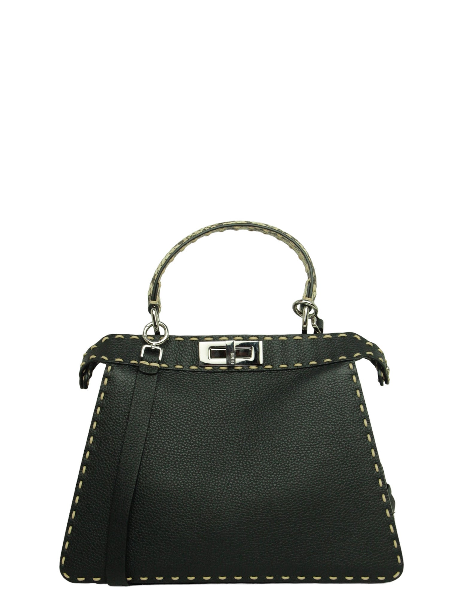 Fendi Handbag Selleria Peekaboo Satchel Bag w Snakeskin Handle Leather Black