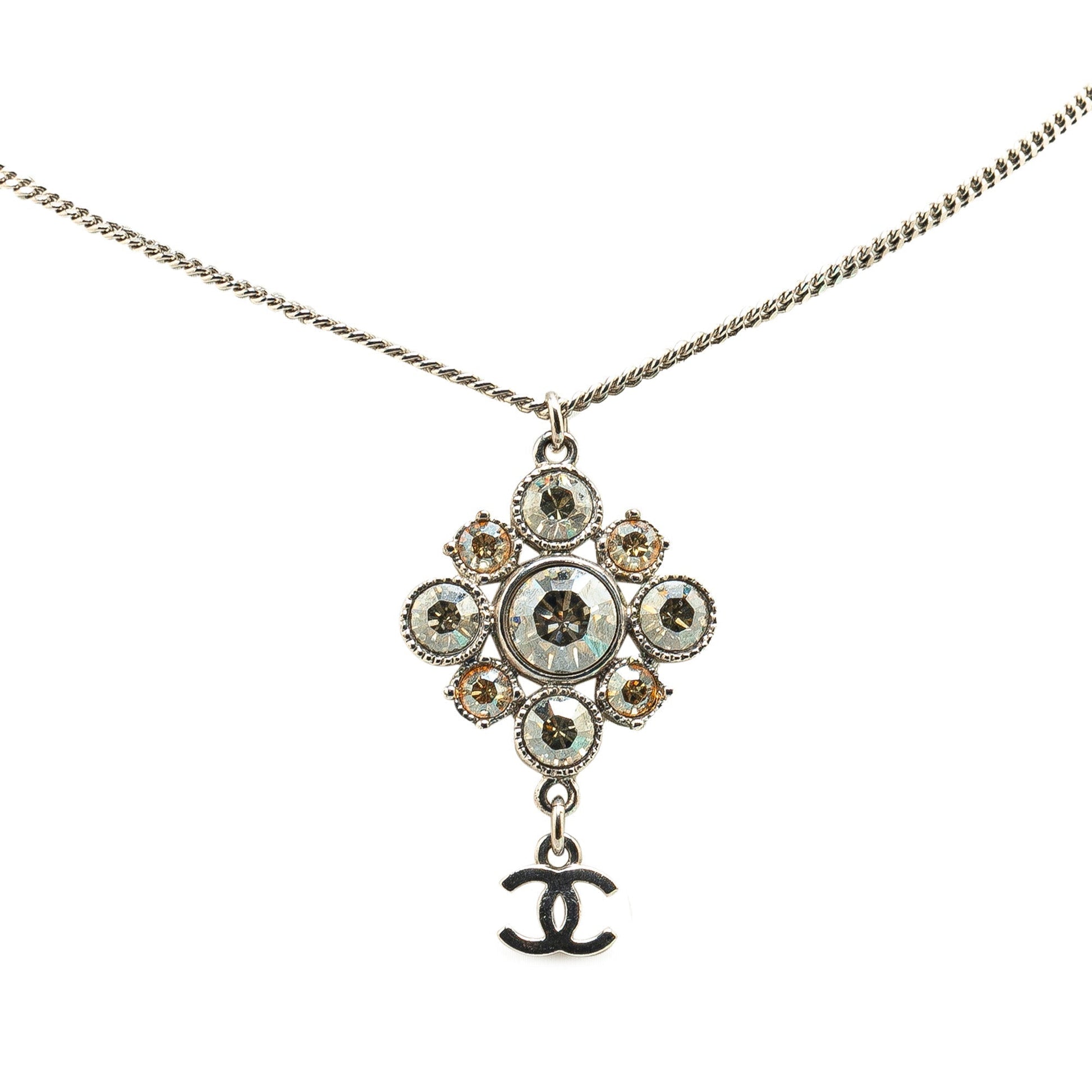 Silver Chanel Palladium Plated CC Crystal Pendant Necklace