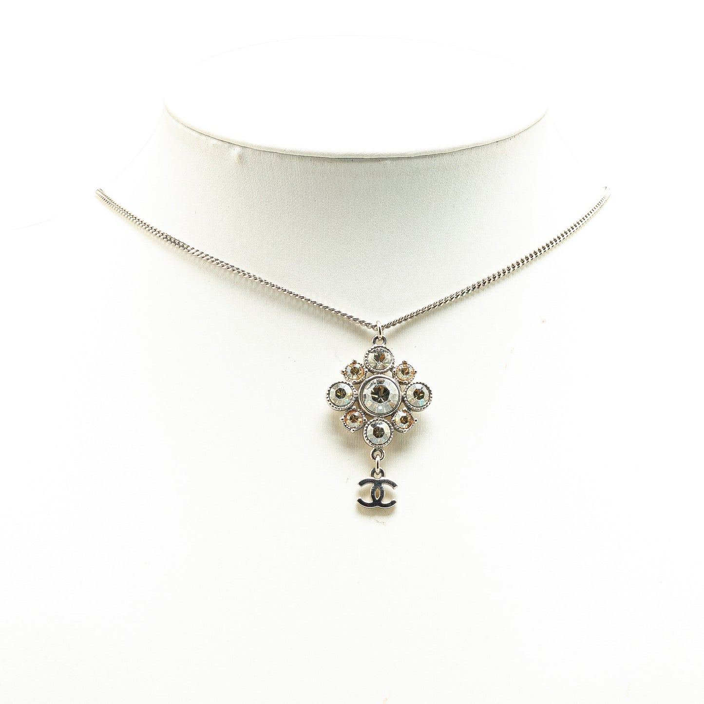 Silver Chanel Palladium Plated CC Crystal Pendant Necklace