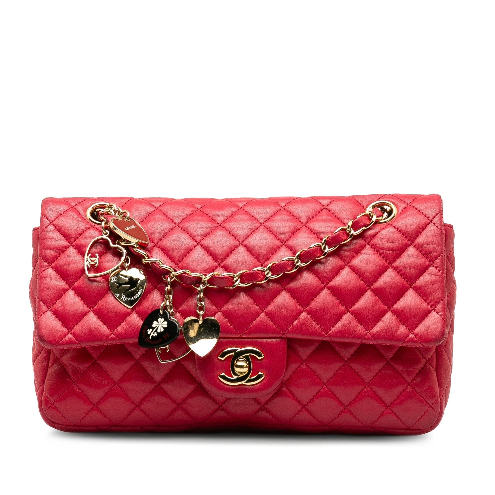 CHANEL Medium Lambskin Valentine Heart Charms Single Flap Shoulder Bag