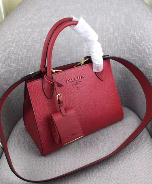 Prada Monochrome Bag Leather Saffiano Red Travel Bag