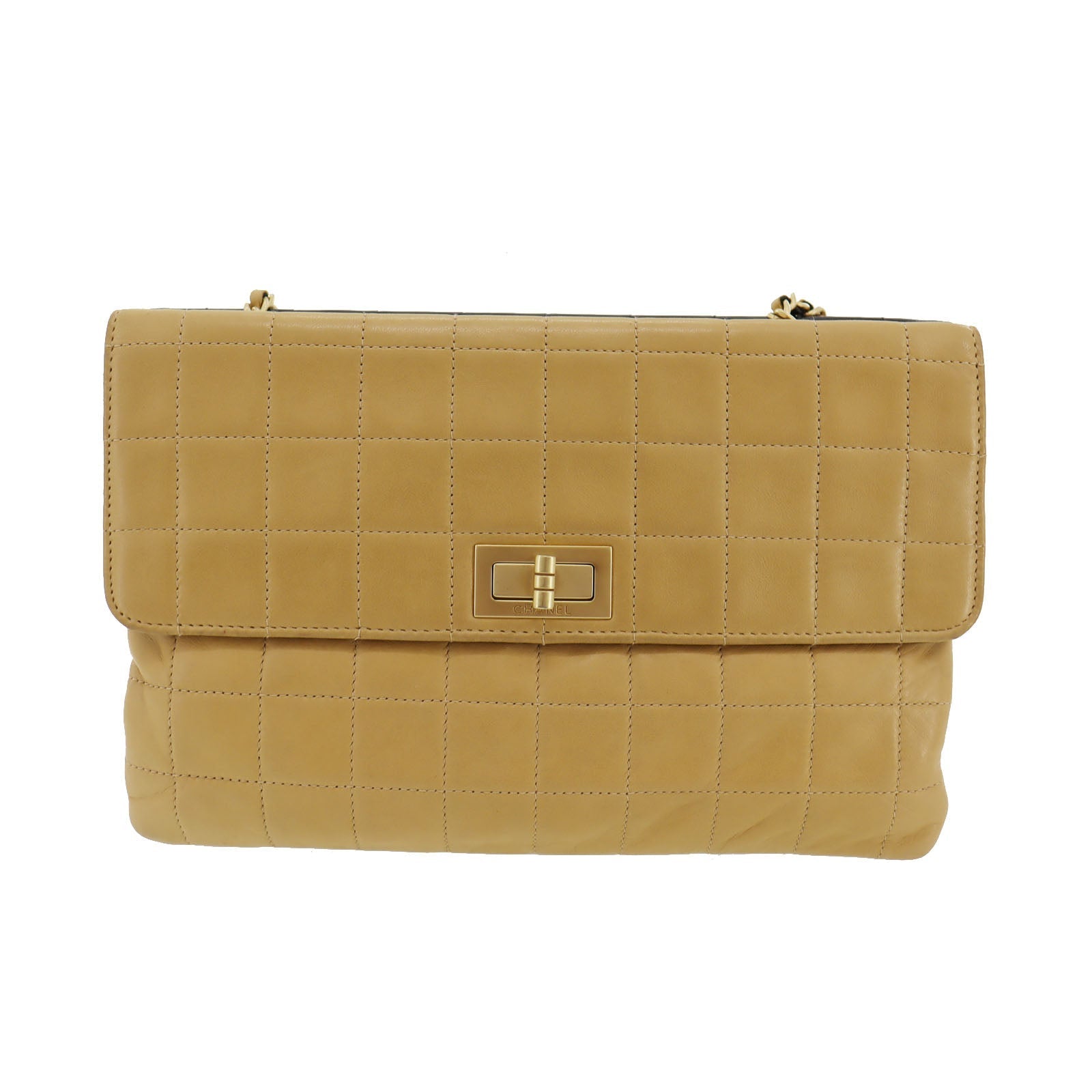 CHANEL Chocolate Bar  Handbag Beige Black Leather   #AH448 S