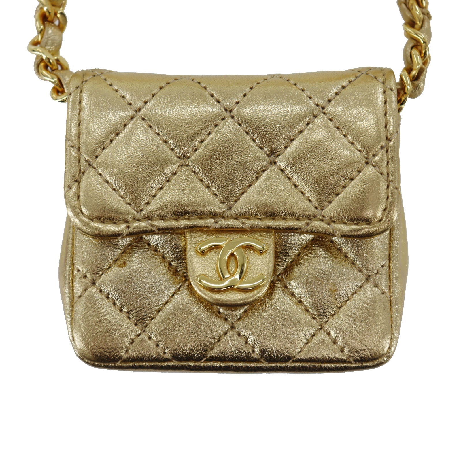 CHANEL Mini Matelasse  Shoulder Bag Gold Lambskin Leather #CU68