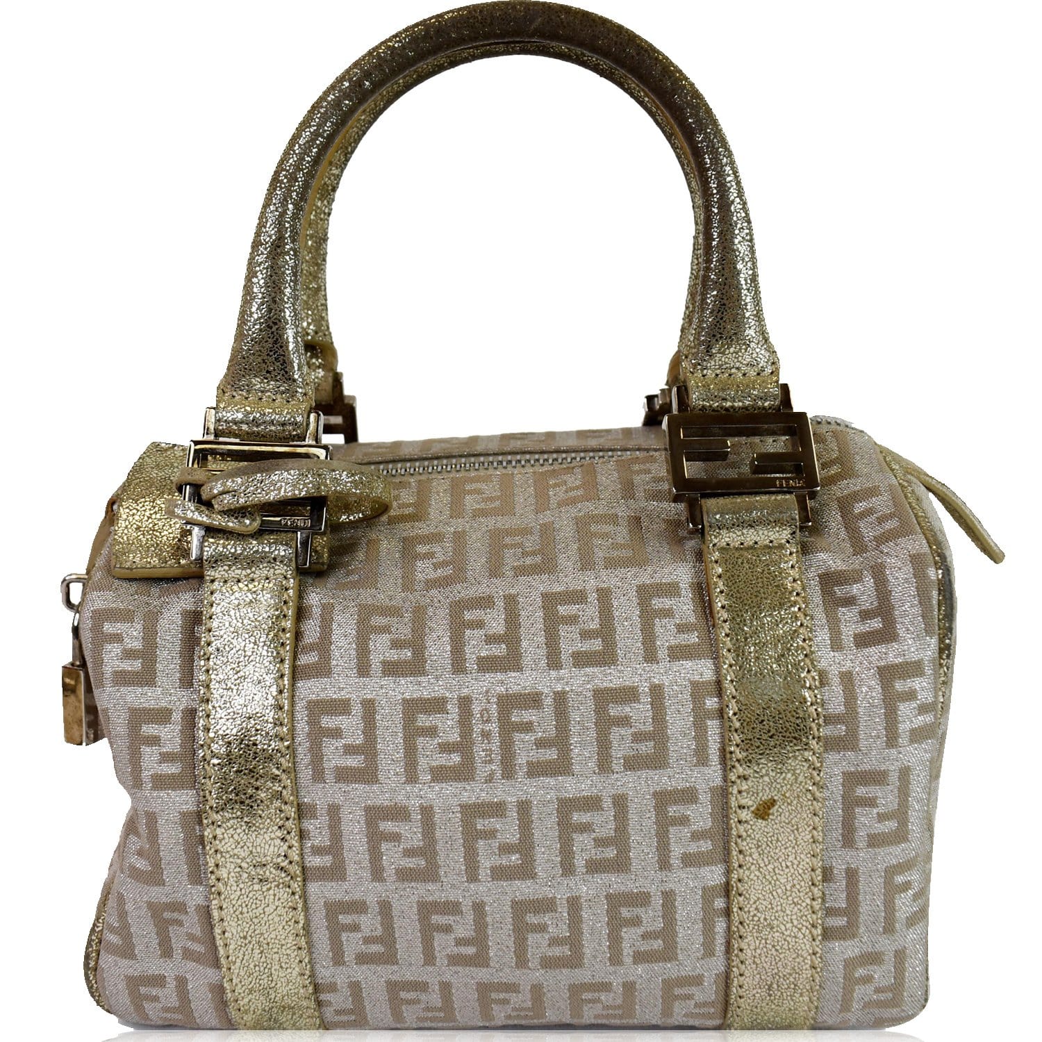 Fendi Selleria Zucca Boston Bag Leather Canvas Gold Travel Bag