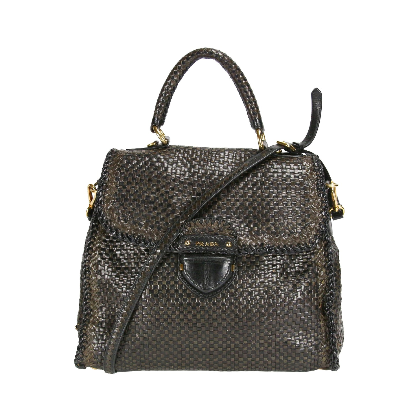 Prada Madras Khaki Goatskin Luxury Handbag Black Woven Travel Bag