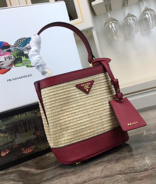 Prada Panier Straw Bag Red Medium Travel Bag