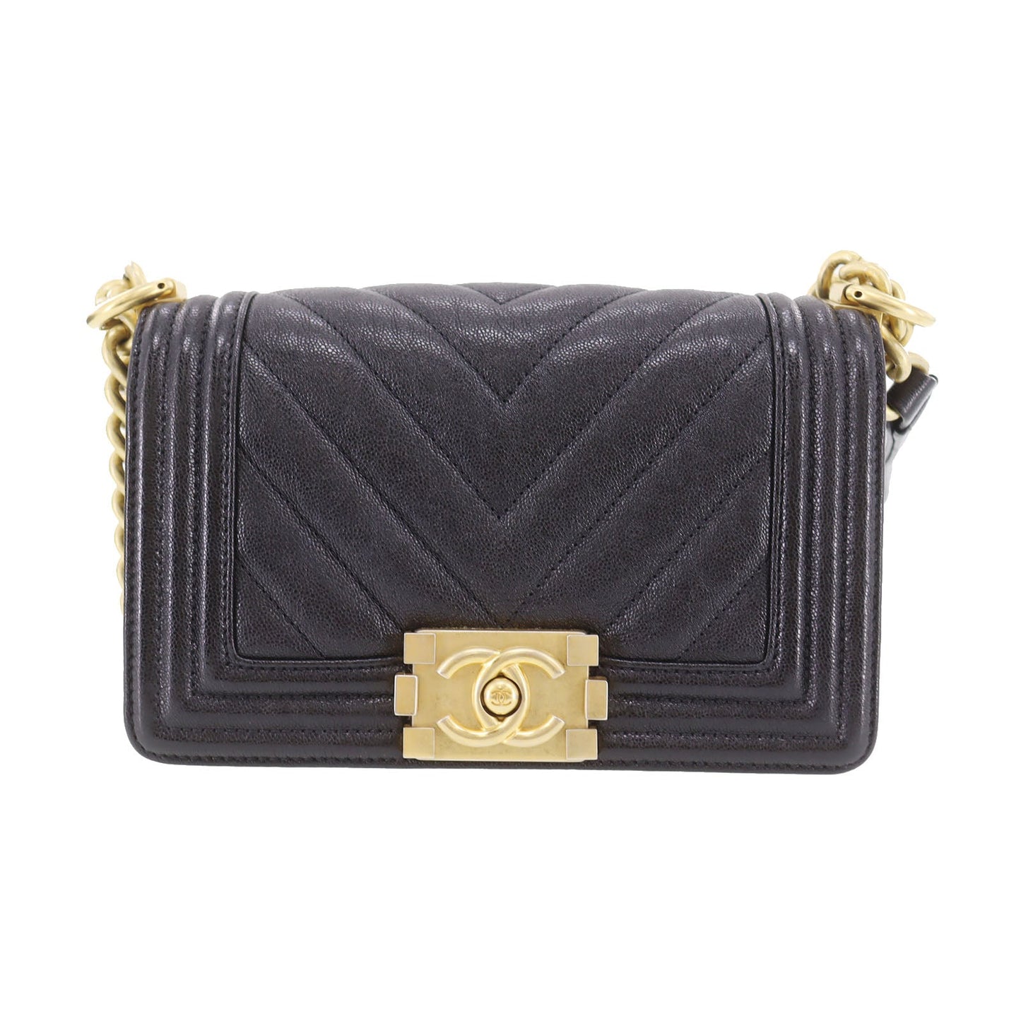 CHANEL  BOY CHANEL V stitch Shoulder Bag Black Caviar Skin Leather #DA393