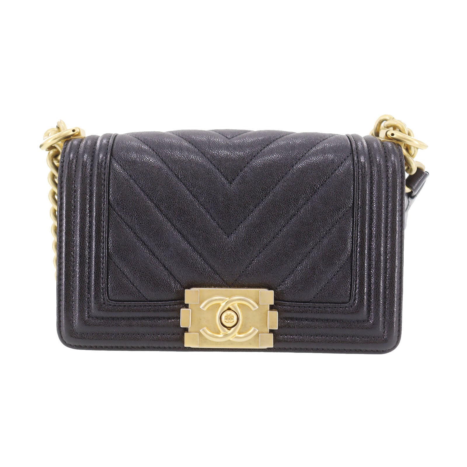 CHANEL  BOY CHANEL V stitch Shoulder Bag Black Caviar Skin Leather #DA393