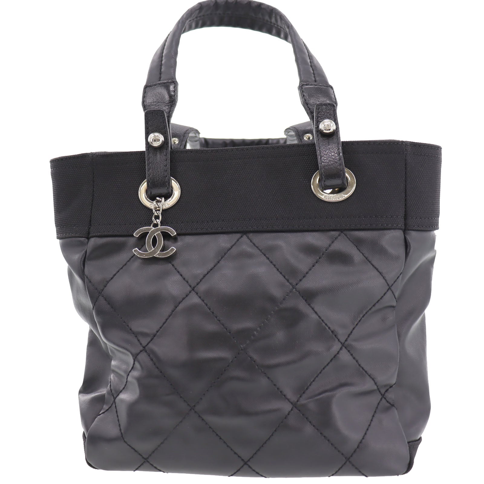 CHANEL Paris Biarritz Handbag Black Leather Italy   #BO252