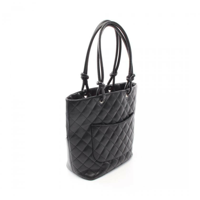 Chanel Cambon Line Medium Handbag Tote Bag Leather Black White Silver Hardware