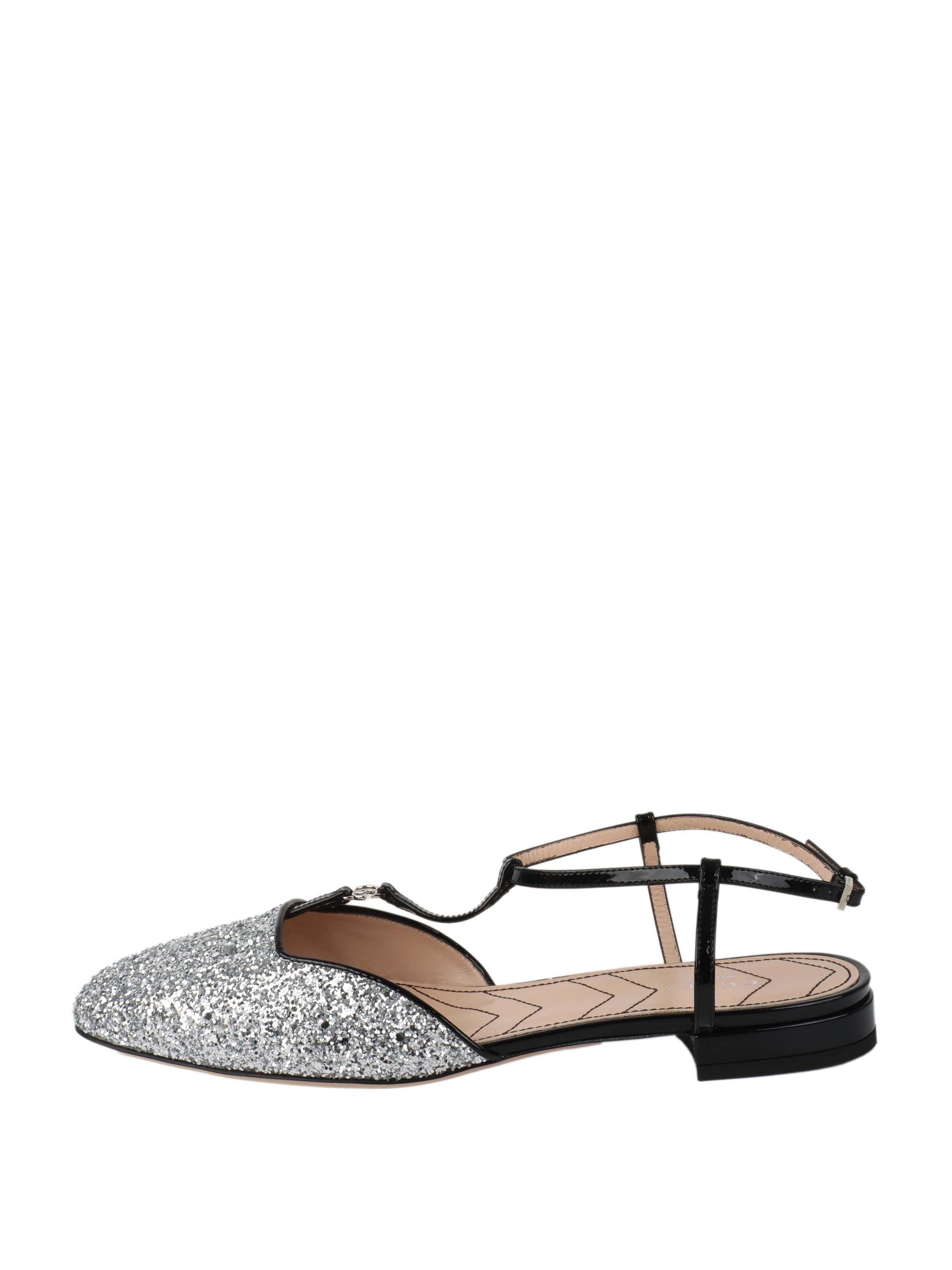 Gucci Silver Glitter Double G Ballet Flats.