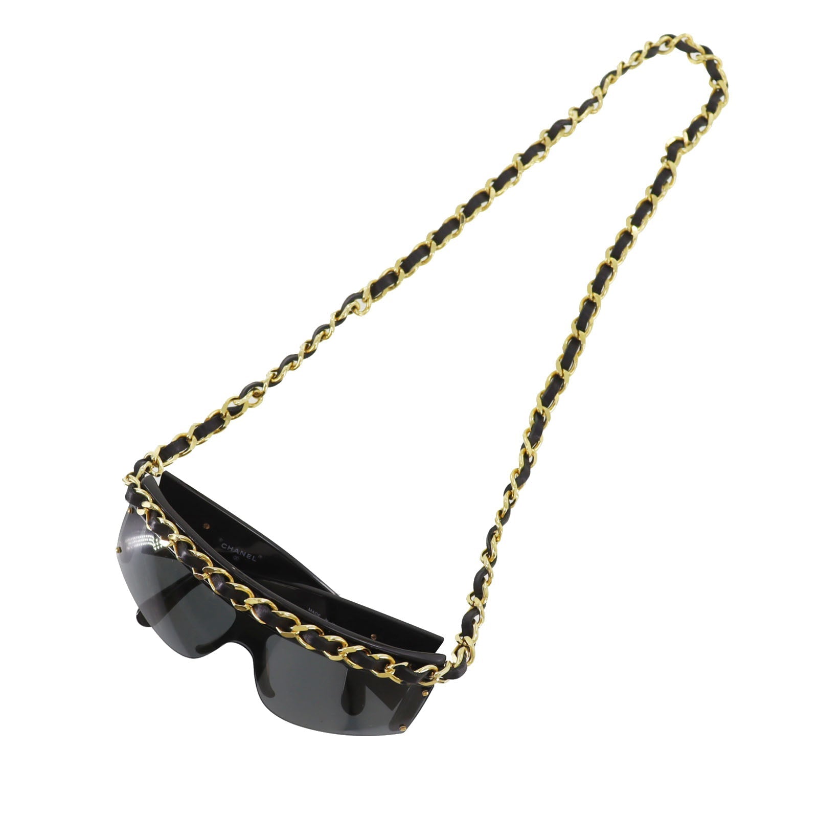 CHANEL Chain  Sunglasses Black Shield Eye Wear Italy #CU905