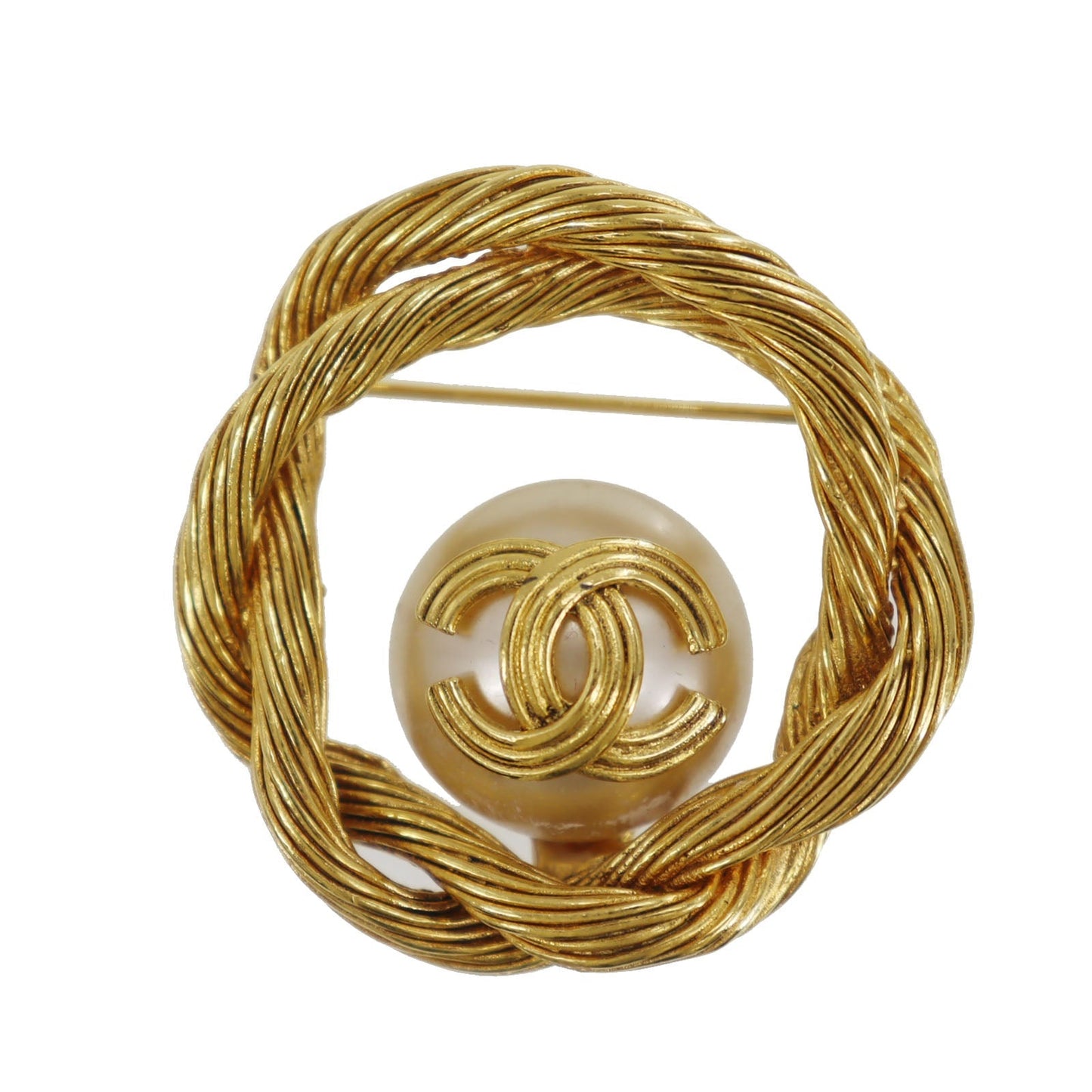 CHANEL CC Circle Pin Brooch Gold Plated Pearl 94A #CG797