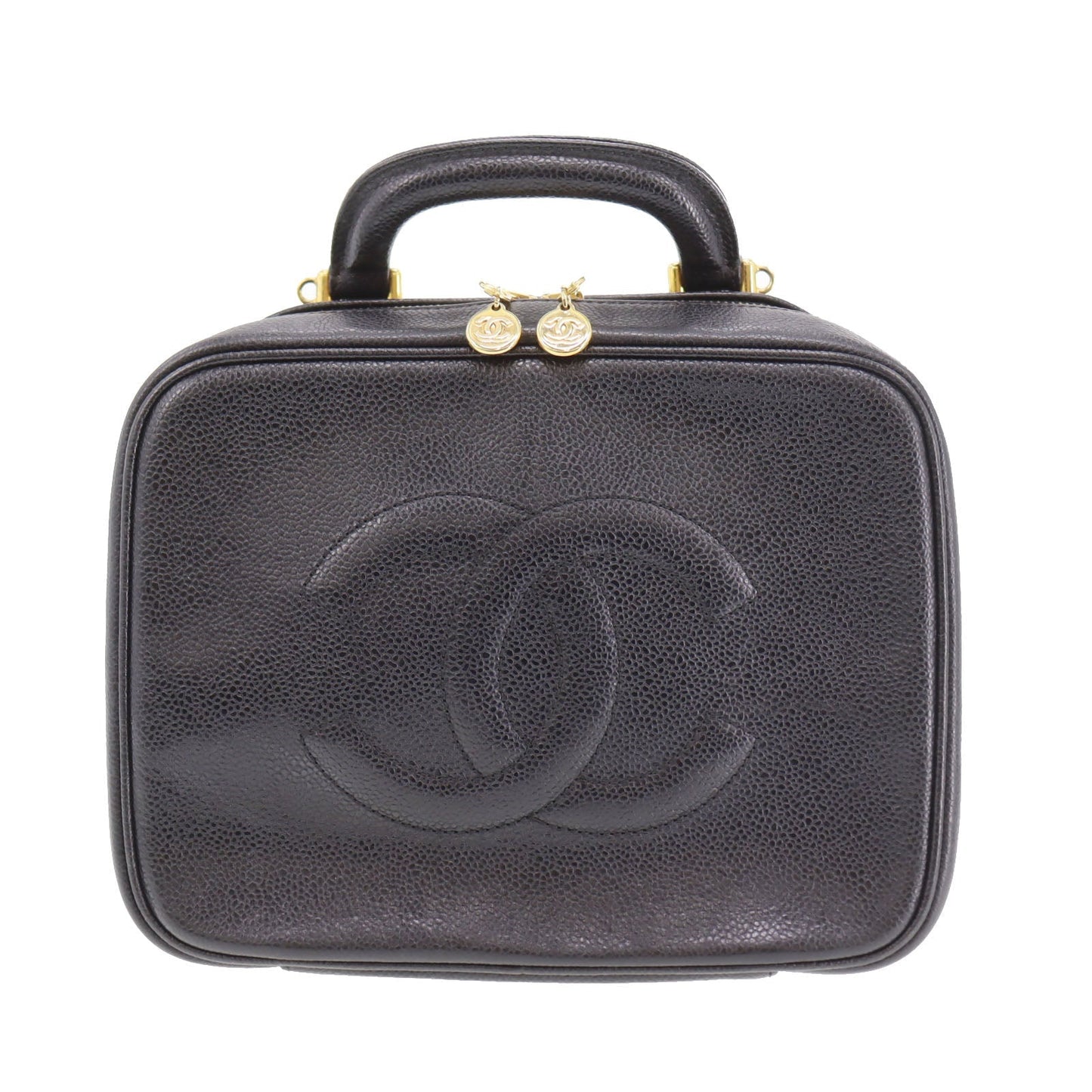 CHANEL CC Shoulder Handbag Vanity Black Caviar Skin Leather #CD668