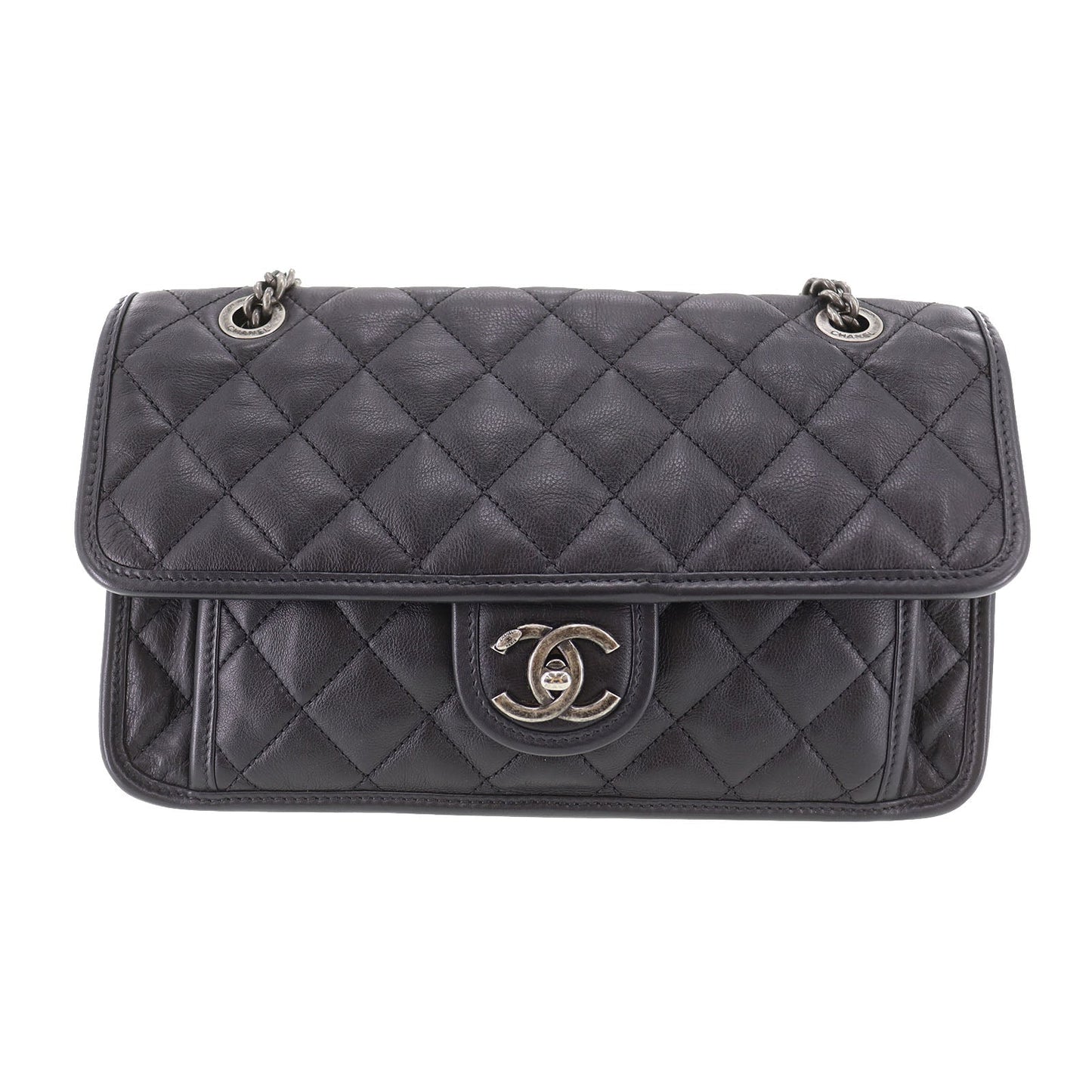 CHANEL Matelasse Frap French Riviera  Shoulder Bag Black Leather #CY690