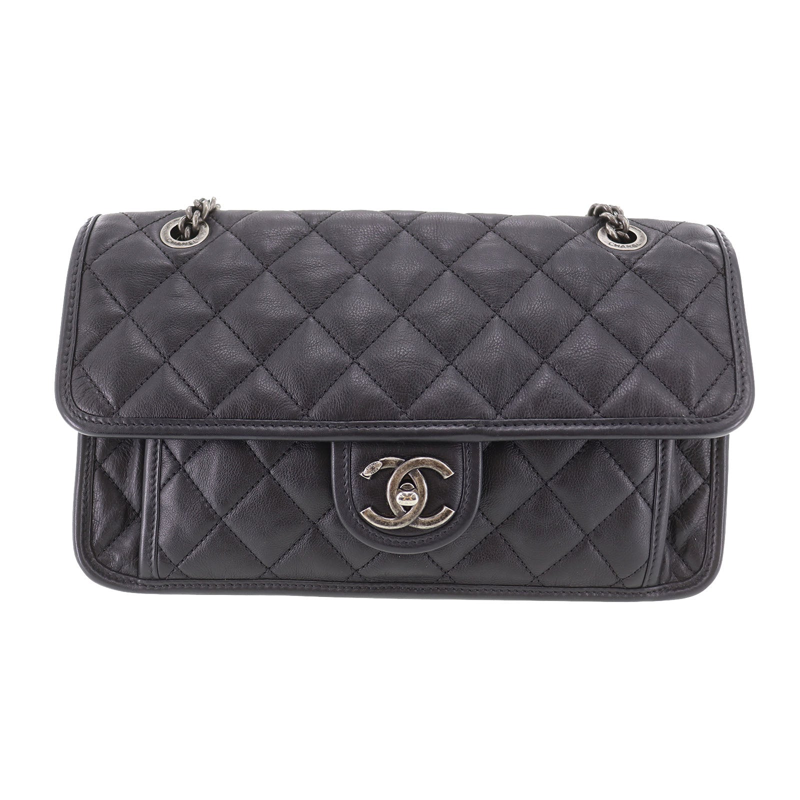 CHANEL Matelasse Frap French Riviera  Shoulder Bag Black Leather #CY690