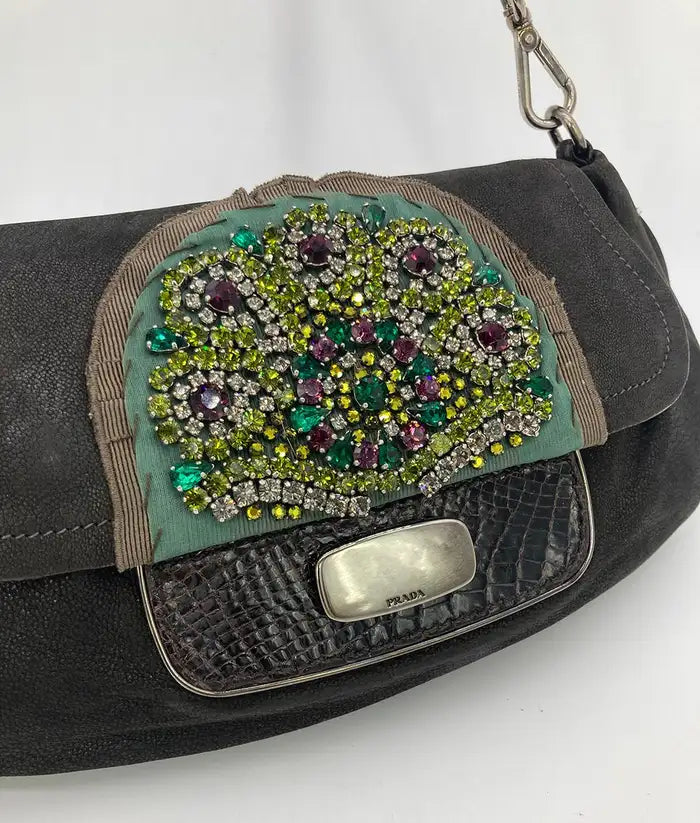 Prada Rhinestone Alligator Shoulder Bag Suede Black Flap