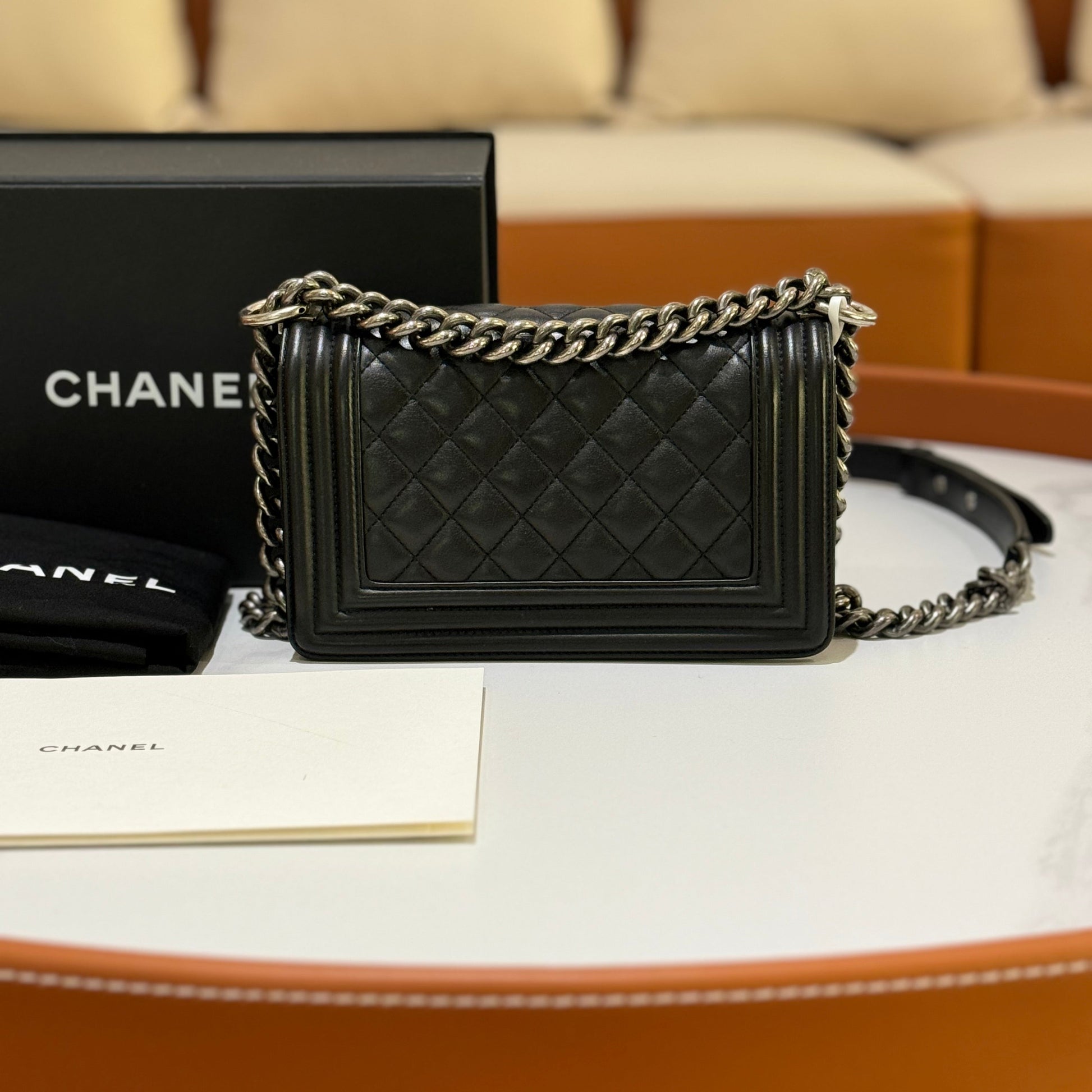CHANEL LEBOY SMALL IN BLACK WITH SILVER CHAIN